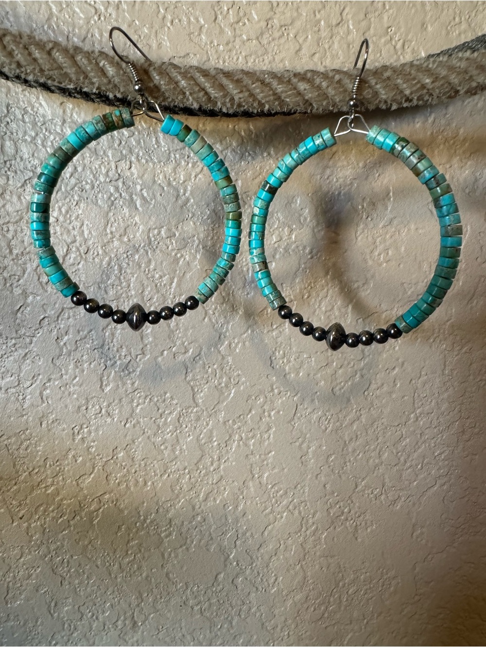 Turquoise Heishi Bead and Pearl Hoop Earrings